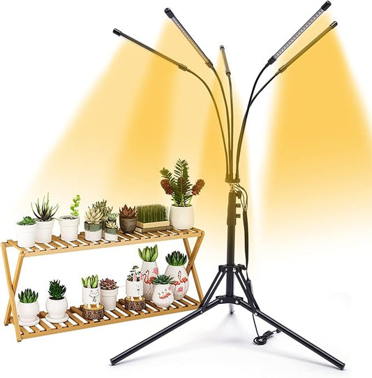 5-Head LED Grow Light with Tripod & Clip - 3 Lighting Modes, 4/8/12H Timer, 15.7-63in Adjustable Height, Full Spectrum for Indoor Plants/Greenhouse/Flower Cultivation