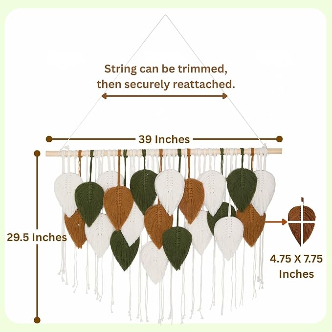 Large Macrame Wall Hanging Feather Decor – Handmade Cotton Cord Boho Room Decor for Bedroom, Nursery, Office – 39” W x 29.5” L (Green, Brown, White)