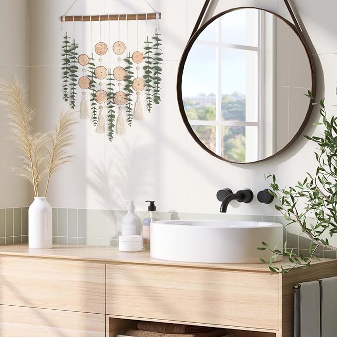 Artificial Eucalyptus Plant Wall Decor Fake Greenery Leaves Stems Wall Hanging Faux Plants on 16.5 inch Wood Stick Boho Rustic Farmhouse Decor for Bathroom Bedroom Dining Room Indoor Home