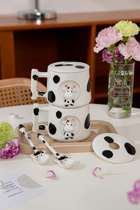 DIHOclub Adorable 3D Ceramic Cow Mug with Lid and Spoon - Perfect for Coffee, Tea, Milk, and More - Ideal Gift for Animal Lovers Gift for Mather- 14 Ounces(BLack white)