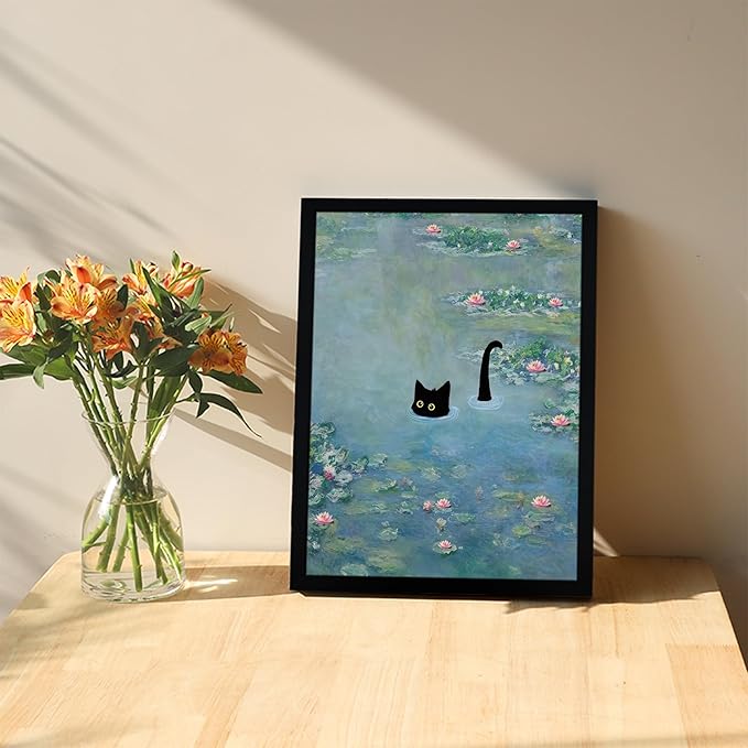 Fantasy Artists Monet Water Lilies Cat Wall Art, Framed Vintage Canvas Art Wall Decor, Funny Black Cat Posters Prints for Bathroom Bedroom Living Room Home Office Decorations 8" Wide X 10" Height