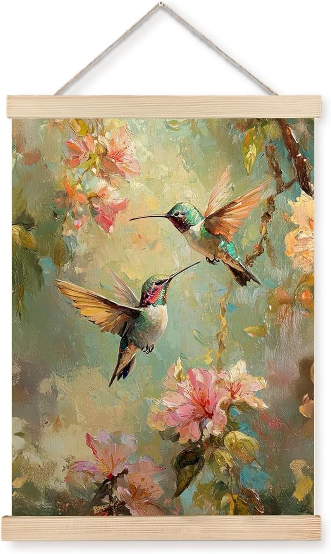bitCNY Hummingbird Wall Art 12x16 Inches – Colorful Floral Canvas Painting, Nature Bird Artwork, Botanical Oil Style Home Decor 607