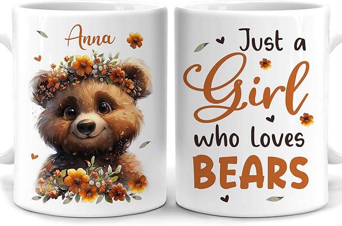 Hyturtle Personalized Cute Bear Coffee Mug - Custom Name Ceramic Cup for Animal Lovers - Just A Girl Who Loves Bears - Birthday Gift for Women - 11oz/15oz