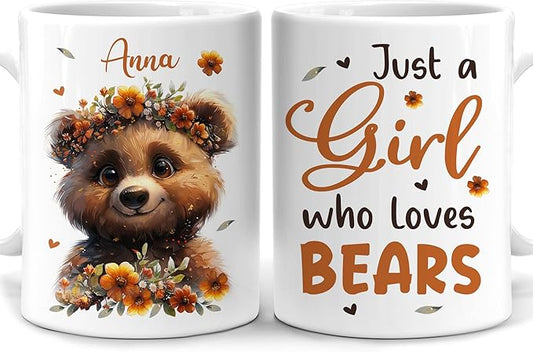 Hyturtle Personalized Cute Bear Coffee Mug - Custom Name Ceramic Cup for Animal Lovers - Just A Girl Who Loves Bears - Birthday Gift for Women - 11oz/15oz