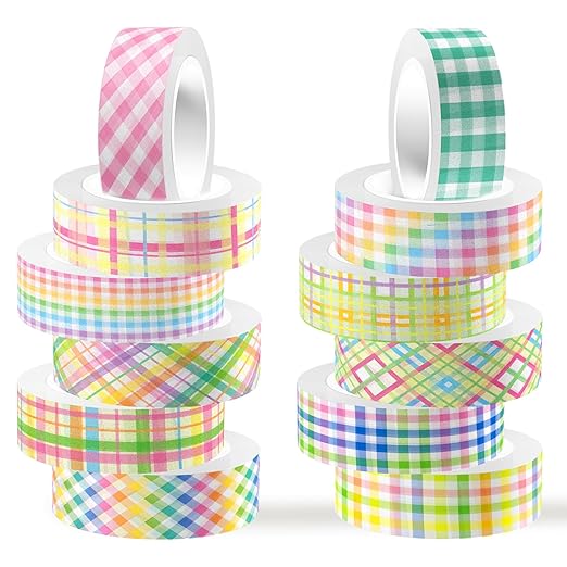 12 Rolls Easter Plaid Washi Tape Set, Colorful Pastel Buffalo Plaid Checkered Masking Decorative Tapes for DIY Craft Scrapbook Journals Easter Gift Wrapping School Supplies Christmas Decor 16.4FT