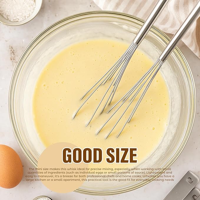 Baderke 6 Pcs 10.2 Inch Mini Small Whisk Long Handle Stainless Steel Egg Whisks Egg Beater Coffee Wire Whisk, Great for Blending, Whisking, Beating, or Stirring Eggs Mixing Salad Dressings, Sauces