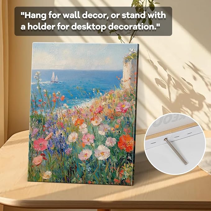 Coastal Wildflower Wall Art 12x15 – Ocean View Flower Field Poster Print, Unframed Laminated Paper Art for Home or Office Décor – Hanging & Tabletop Display