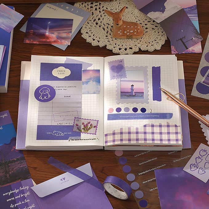 Draupnir Aesthetic Scrapbook Kit(348pcs), Bullet Junk Journal Kit with Journaling/Scrapbooking Supplies, Stationery,A6 Grid Notebook with Graph Ruled Pages DIY Scrapbook Gift for Girl Kid(Moonlight)