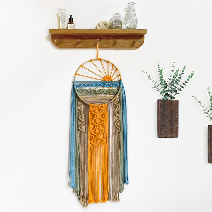 LB Macrame Wall Hanging Boho Macrame Wall Decor, Sunset Wall Art Dream Catcher Hand Woven Wall Art Boho Colorful Sun Tapestry for Bedroom Living Room Nursery Office Backdrop, 10x33 Inch
