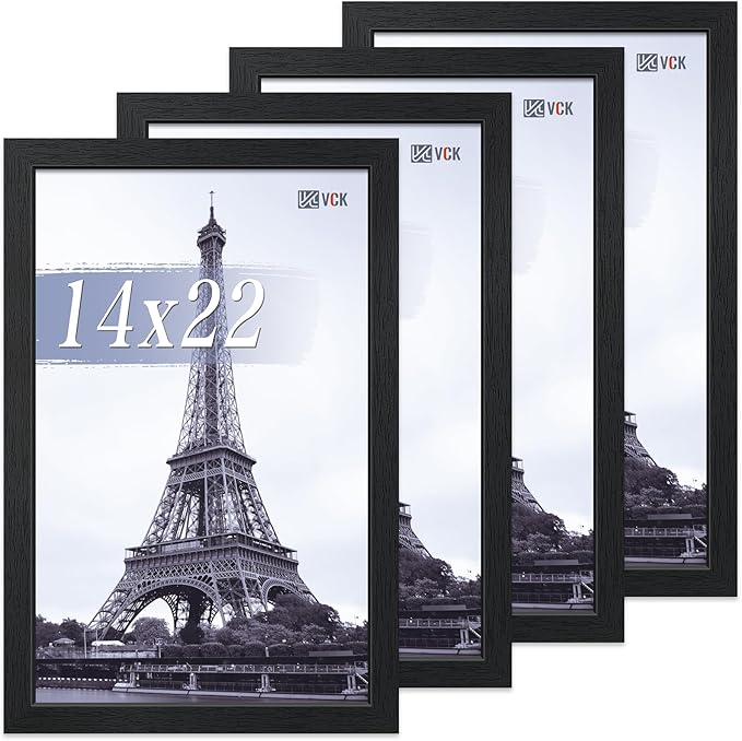 VCK 14x22 Picture Frame Set of 4 - Black, Gallery-Quality Wood Poster Frames, 1.1-Inch Wide Border, Polished Plexiglass, Vertical or Horizontal Wall Display for Photo/Art/Prints, Black