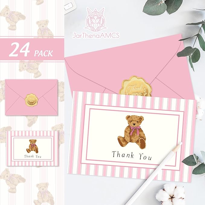 JarThenaAMCS 24 Pack Bear Thank You Cards Greeting Cards Pink Stripe Bear Blank Note Card with Envelopes Stickers for Birthday Baby Shower Party Supplies, 4 x 6 Inch