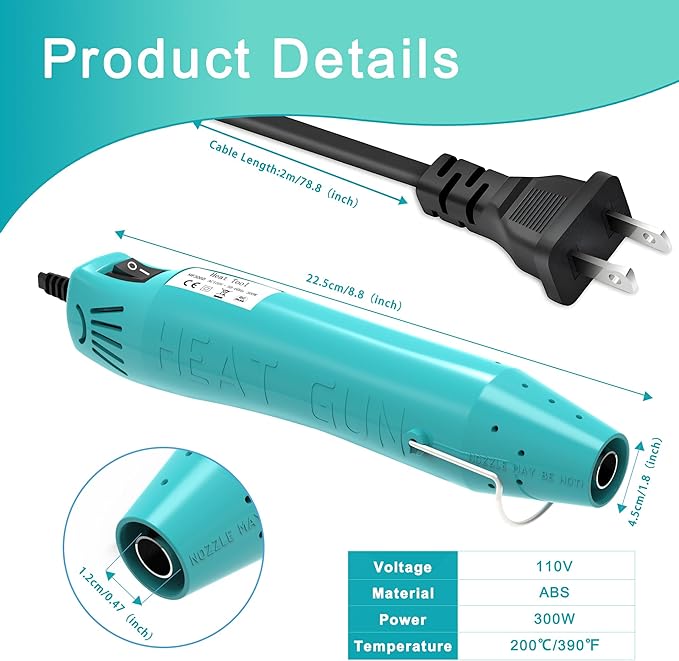 Heat Gun, Mini Heat Gun for Shrink Tubing, for DIY Crafts, 300W Heat Air Gun with Reflector Nozzle, Shrink Wrap Gun Tool for Packaging PVC, Drying Paint, Clay - green