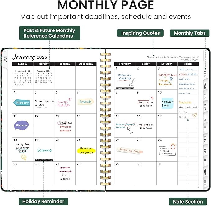 2026 Planner, Weekly and Monthly Calendar Planner for Women, Jan 2026 - Dec 2026, Hardcover Planning Agenda book with Tabs, Spiral Bound, Inner Pocket, Perfect for School Office Supplies, 6.3" x 8.5" - Songbird Forest