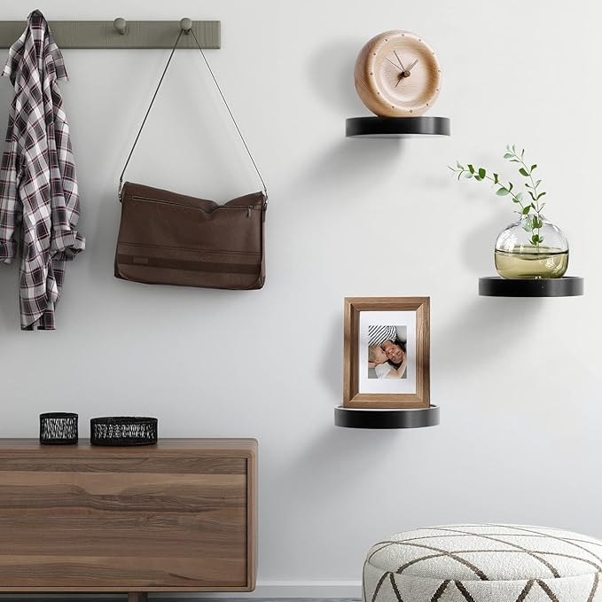 AceList Small Round Floating Shelves (Set of 3), 6 Inch Real Wood Circle Wall Shelf for Bathroom & Bedroom Decor, Matte Black Invisible Mount Display Rack for Plants, Collectibles, and Trophies