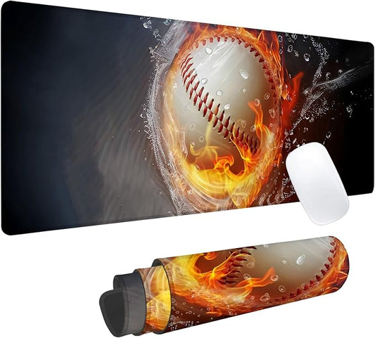 Fire & Ice Baseball Gaming Mouse Pad, Office Desk Mat, Anti-Slip Rubber Base Cool Aesthetic Mouse Pads for Computer Laptop Keyboard School Home Desktop Gamer Home Accessories Decor 31.5" x 11.8"