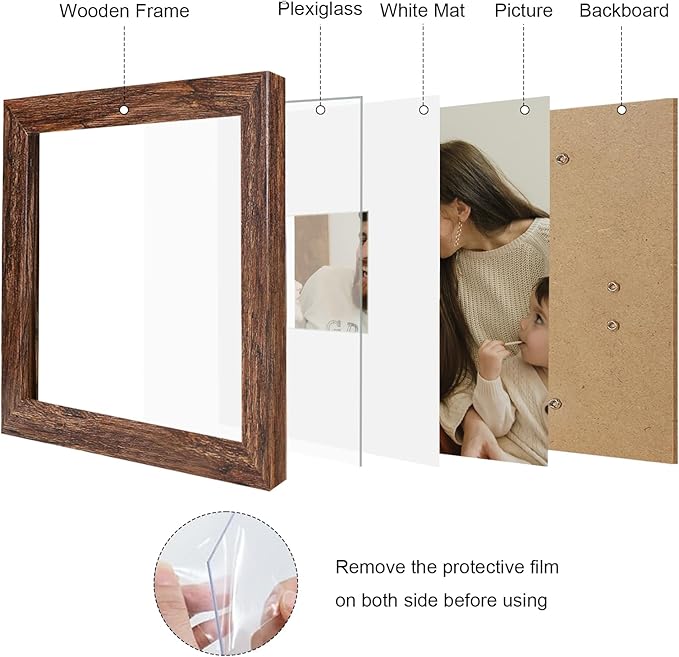 8x8 Picture Frame Set of 9, Photo Gallery Wall Frame Set, Display Pictures 4x4 with Mat or 8 x 8 Without Mat, Square Frame Picture Frames Collage Wall Decor, Rustic Brown