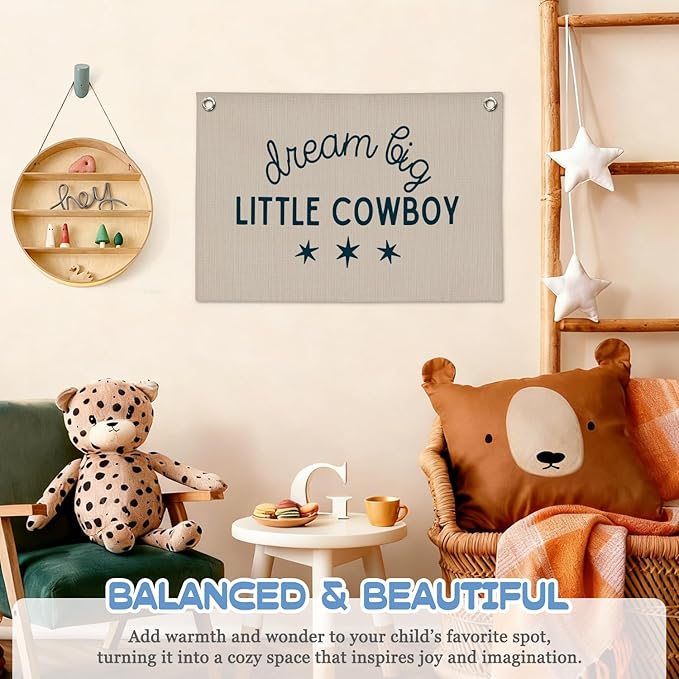 Boy Nursery Decor,Dream Big Little Cowboy Wall Art,Cowboy Nursery Decor Linen Banner Print,Wall Decor Hanging for Kids Boys Toddler Nursery Bedroom Playroom 30x20 Inch
