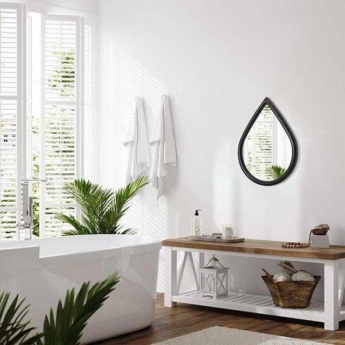 Wood Frame Teardrop Mirror Black Wall Hanging Mirrors Farmhouse Small Decorative Mirrors Oval Unique Mirror for Bathroom Living Room Entryway Hallway