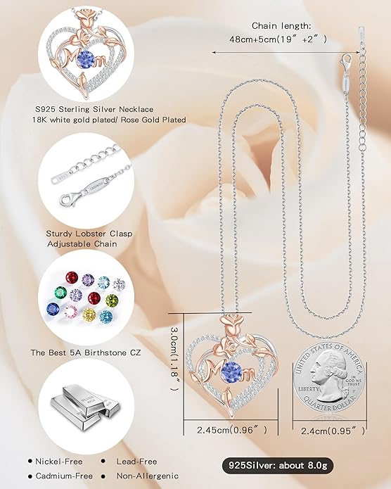 Mothers Day Gifts for Mom - Rose Heart Necklaces for Women, 925 Sterling Silver Birthstone Jewelry to My Wife Necklace, Birthday Gifts for Mother Grandma Girlfriend Her