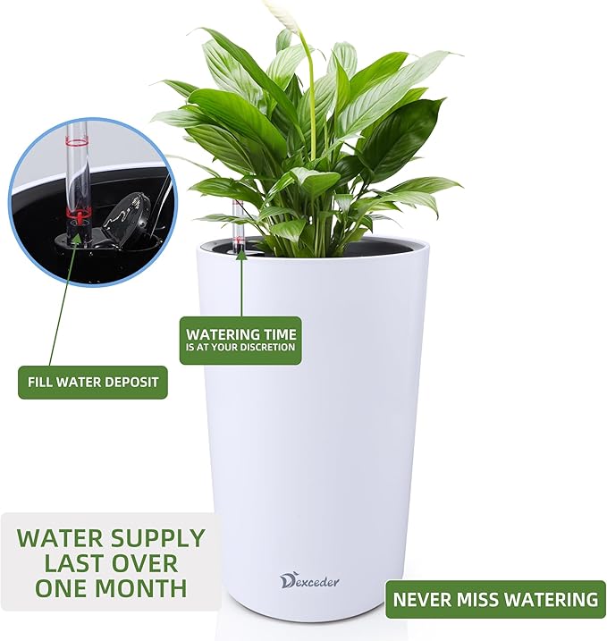 Dexceder 16x12 Tall Self Watering Planter High Cylinder Indoor Outdoor, Thickened Large Floor Standing Flower Plant Pot with Water Level Indicator (White Matte)
