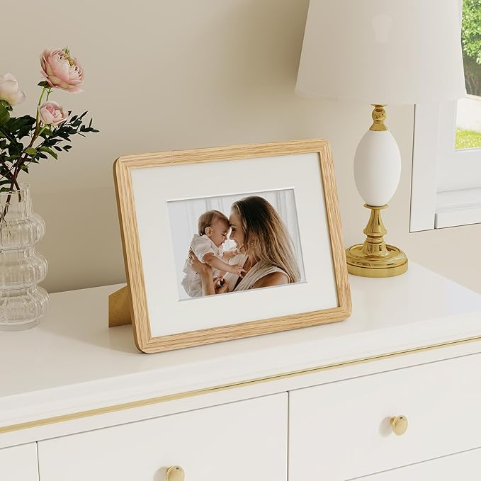 Dreamland 8x10 Picture Frame, Solid Oak Wood Photo Frame with Mat for 5x7, Round Corner 8 x 10 Matted Picture Frames with Resistant Plexiglass for Wall Mounting or Tabletop, Oak Color, Set of 1