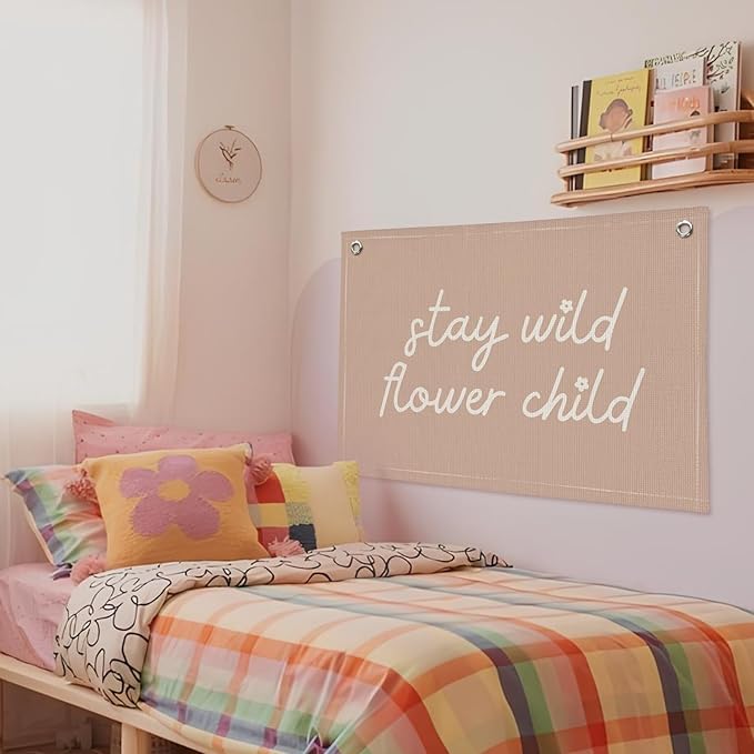 Pink Girls Room Nursery Decor, Stay Wild Flower Child Linen Canvas Banner Wall Hanging Flag Decor for Little Toddler Baby Girls Room Playroom, Baby Shower Girl Decorations