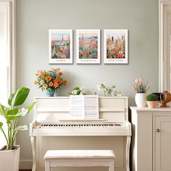 XLARTMY Flower Market Wall Art Prints Canvas Orange and Pink Floral Paintings Colorful Botanical Travel Flower Posters for Home Decor Pictures Set of 3 for Living Room Bedroom 12x16in