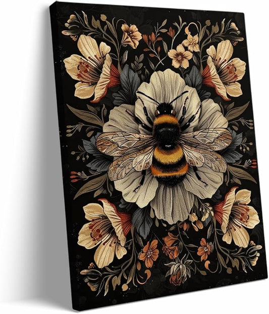 Vintage Bumble Bee Poster William Morris Wall Art Print,Vintage Floral Cottagecore Decor Mid Century Dark Academia Decor Botanical Canvas Print for Office Bedroom Living Room 12x16in Frame wall art