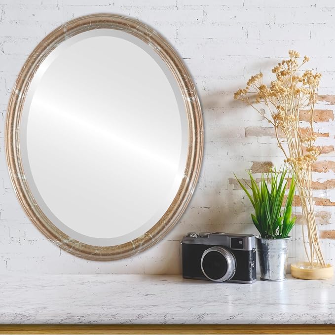 OVALCREST Oval Beveled Wall Mirror for Home Decor - Saratoga Style - Champagne Silver - 14x18 Outside Dimensions