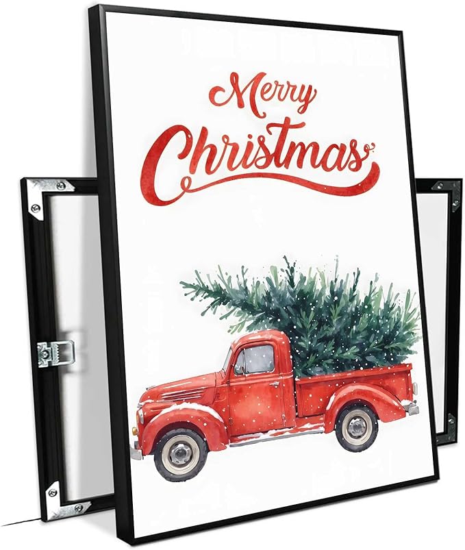 Framed Canvas Wall Art Christmas Truck Print Red Vintage Pickup Truck Christmas Tree Home Decor Holiday Wall Art Watercolor Painting 16x24in Metal blackFramed