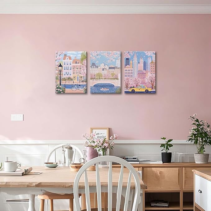 XLARTMY Watercolor City Landscape Travel Wall Art Canvas Framed Pink Cherry Flower Poster Girly Prints Painting Pictures Set of 3 for Bedroom Living Room Office 12x16in
