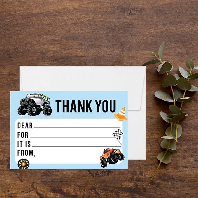 Andaz Press Kids Fill in the Blank Thank You Cards 20 Cards Including Envelopes Monster Trucks Gender Neutral Note Cards For Boys Girls Birthday Party Thank You Notes for Friends Family Party Guests