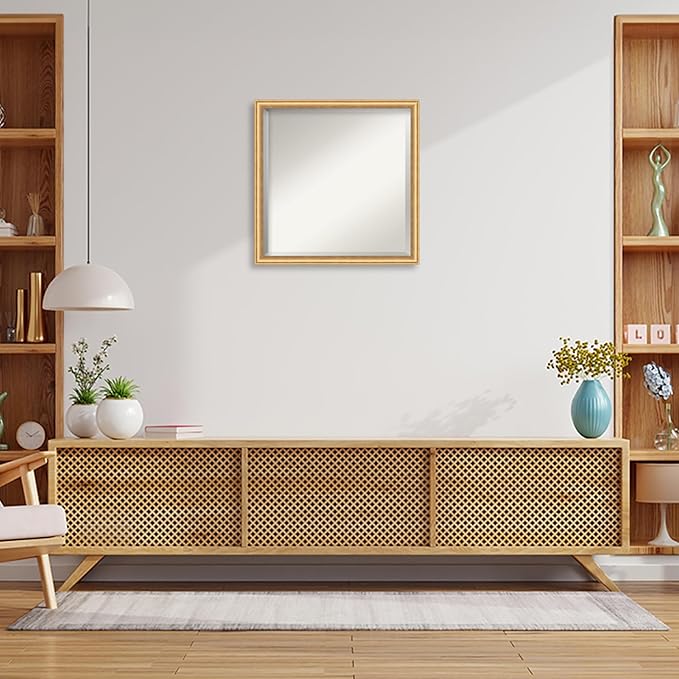 Amanti Art Gold Wall Mirror 22x22 Salon Scoop Gold Square Bathroom Mirror for Wall Decor Living Room, Medium Casual Wood Frame, Hangs Horizonally and Vertically, Bathroom Decor, Beveled Edge