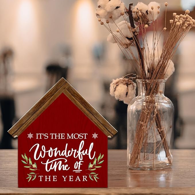 It's the Most Wonderful Time of the Year House Shaped Wood Sign, Rustic Christmas Decor for Farmhouse Home Office Kitchen Bathroom