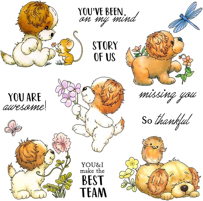 Playing Dog Flowers Stamps and Cutting Dies for Card Making DIY Transparent Silicone Clear Stamp and Metal Die Cuts Sets for Scrapbooking Paper Greeting Cards Decor Seals Craft Supplies