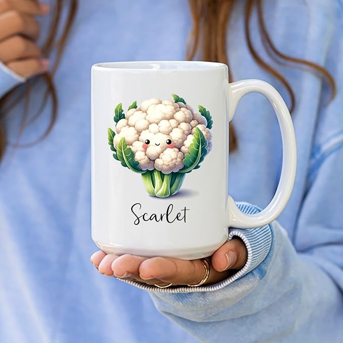 Cauliflower Mug, Personalized Cute Cauliflower Coffee Cup Choose Name, Cauliflower Gift, Custom Vegetable Travel Mugs Gifts For Cauliflower Lovers, Vegan Fans Cups, Cauliflower White Mug 11oz 15oz