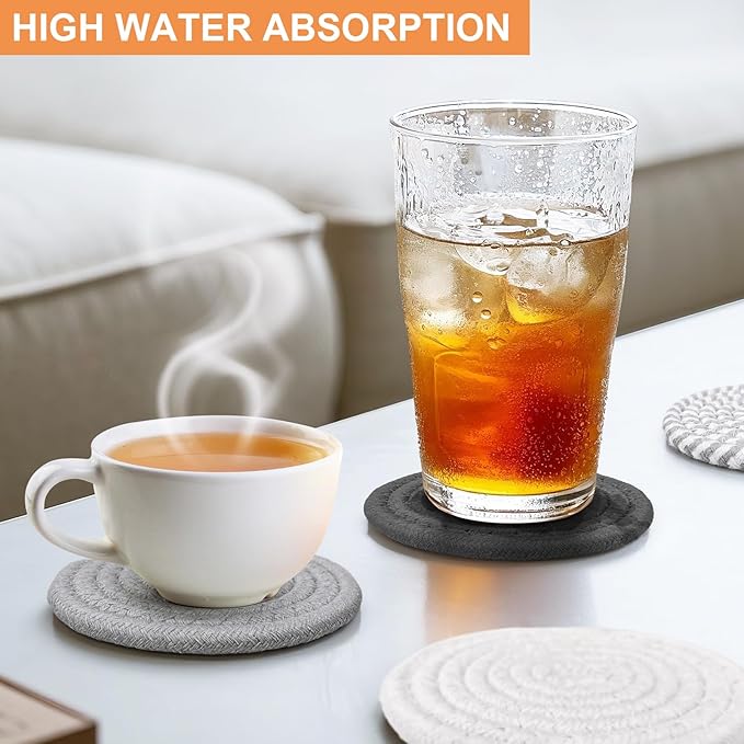 12 Pcs Handmade Woven Coasters for Drinks, Absorbent and Insulating Cotton Coasters with Seagrass Basket Holder set, Boho Perfect for Coffee Table and Home Decor
