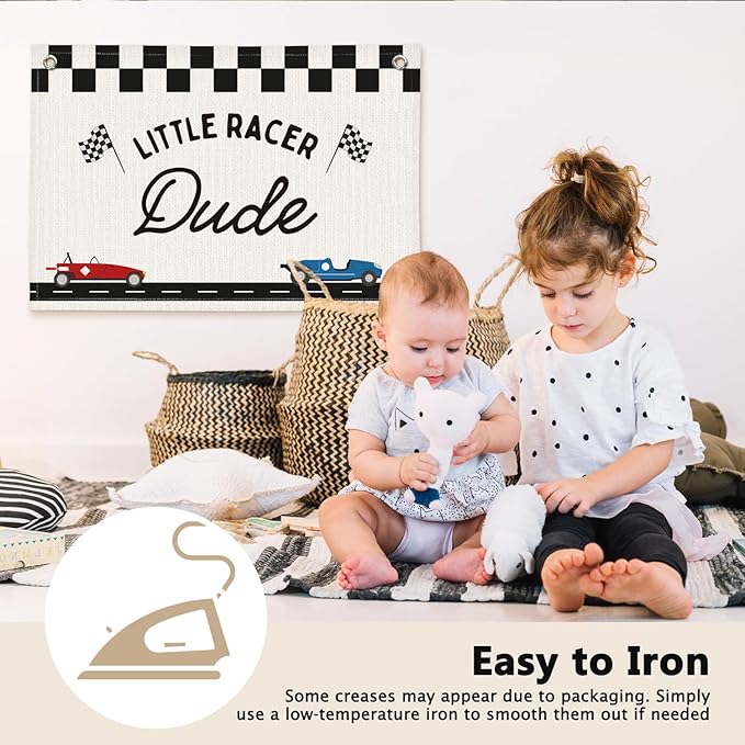 Little Racer Dude Black and White Checkered Boys Room Decor - Linen Banner Wall Hanging Canvas Banner Flag Decor for Toddler Boy Bedroom Nursery Playroom