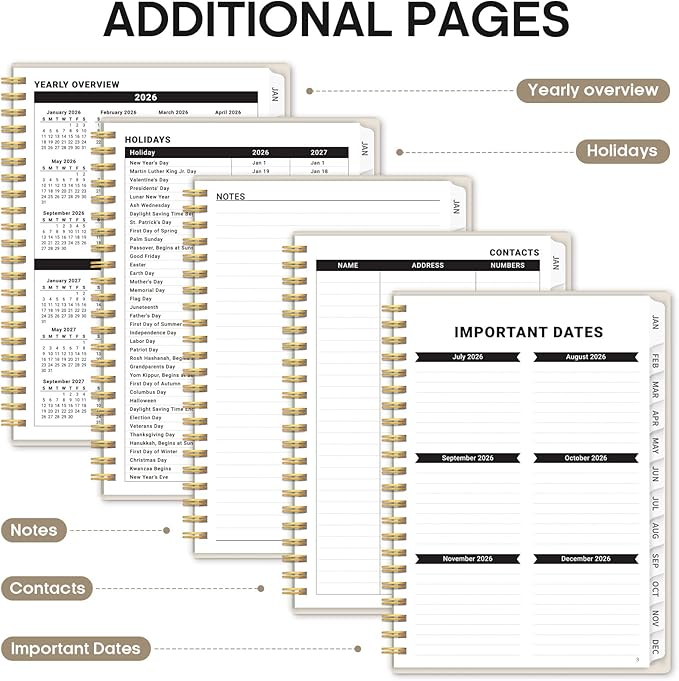 2026 Planner, Weekly and Monthly Calendar Planner for Women, Jan 2026 - Dec 2026, Hardcover Planning Agenda book with Tabs, Spiral Bound, Inner Pocket, Perfect for School Office Supplies, 6.3" x 8.5" - Gray