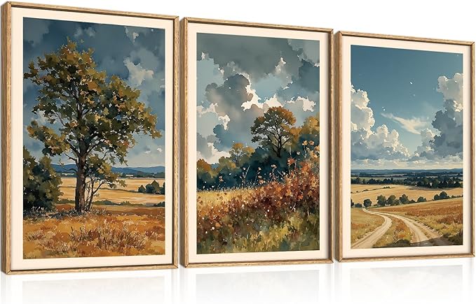 KAIRNE Farmhouse Landscape Wall Art Set of 3, Nature Country Scenery Art Prints, Blue Vintage Watercolor Wall Decor, Rustic Wilderness Paintings for Living Room, Bedroom, Office, 16x24 Inch