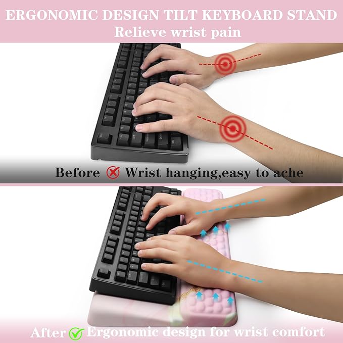 Computer Keyboard Stand Pad with Wrist Rest, Ergonomic Comfy Tilted Keyboard Holder, Keyboard Tray Support for Office Home (Marble Pink)