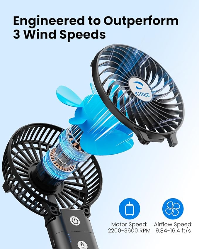 KIBEE Portable Handheld Fan - 5200mAh USB Rechargeable [20H Max Runtime] with Power Bank, Foldable 180° Mini Personal Fan, 3-Speed with Stand for Travel/Outdoor/Makeup/Concerts (Black)