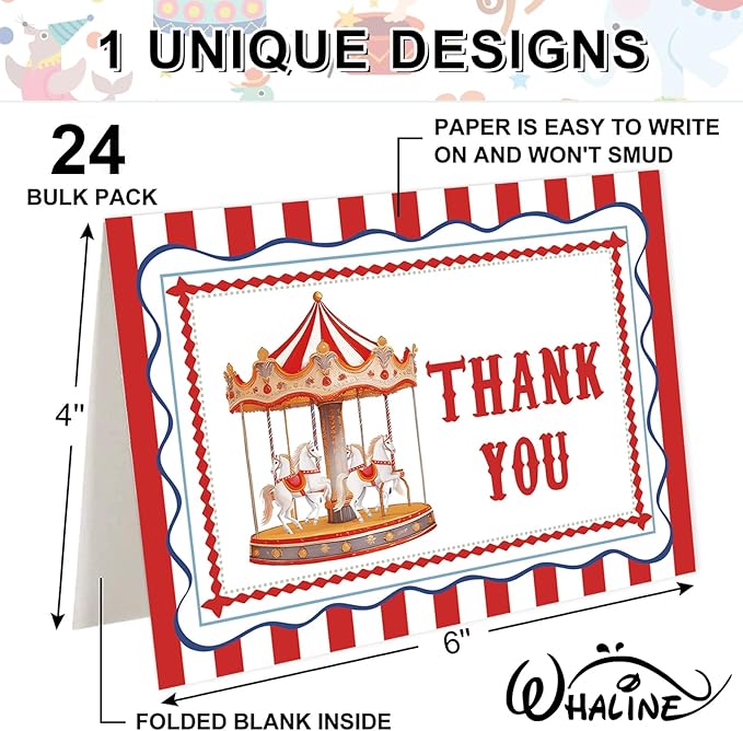 Whaline 24 Pack Circus Theme Thank You Cards Greeting Cards Red White Stripe Carousel Blank Note Card with Envelopes Stickers for Birthday Party Baby Shower Carnival, 4 x 6 Inch