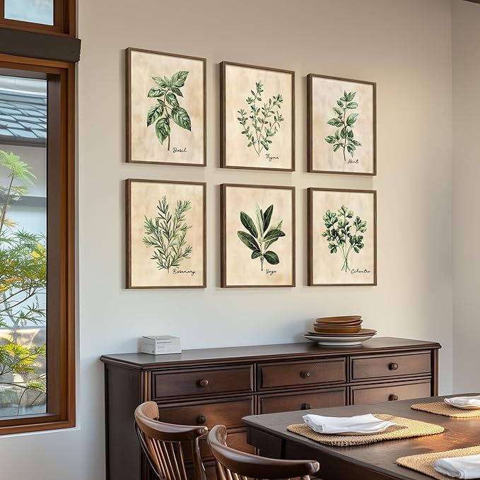Framed Sage Green Botanical Wall Art for Kitchen, Set of 6 Rustic Herb Canvas Prints Artwork for Modern Farmhouse Walls, Herbs Spices Plant Leaf Pictures for Dining Room Living Room Bedroom Wall Decor