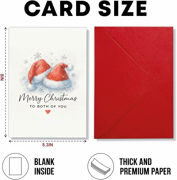 (5.3x8in) Merry Christmas to Both of You Card, Elegant Watercolor Santa Hats Design with Snowflakes Heart, Romantic Greeting Card for Couples, Friends Family, Festive Card with Envelope (Xmas 43)