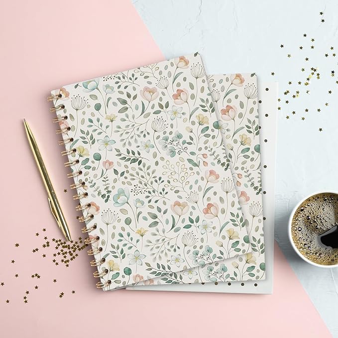 Vintage Pastel Floral Journal Notebooks, Sage Green and Pink Flower College Ruled Notebooks for Note Taking, Wildflower Floral Botanical Journal Journaling, Spiral Notebook 5.5x8.3