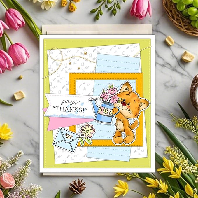 Orange Cat Flower Gift Stamps and Cutting Dies for Card Making DIY Transparent Silicone Clear Stamp and Metal Die Cuts Sets for Scrapbooking Paper Greeting Cards Decor Seals Craft Supplies