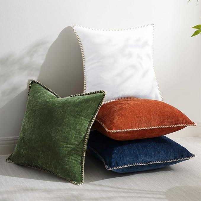 decorUhome Spring Chenille Soft Throw Pillow Covers 22x22 Set of 2, Farmhouse Velvet Neutral Decorative Euro Sham Pillow Covers with Stitched Edge for Couch Sofa Bed Home Decor, Forest Elf