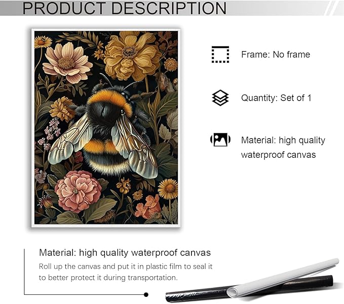 William Morris Style Bumble Bee Print William Morris Wall Art Exhibition Print Vintage Wall Art Textiles Art Vintage Poster Bumble Bee Insect Art for Living Room Bedroom 20x30in Unframed poster