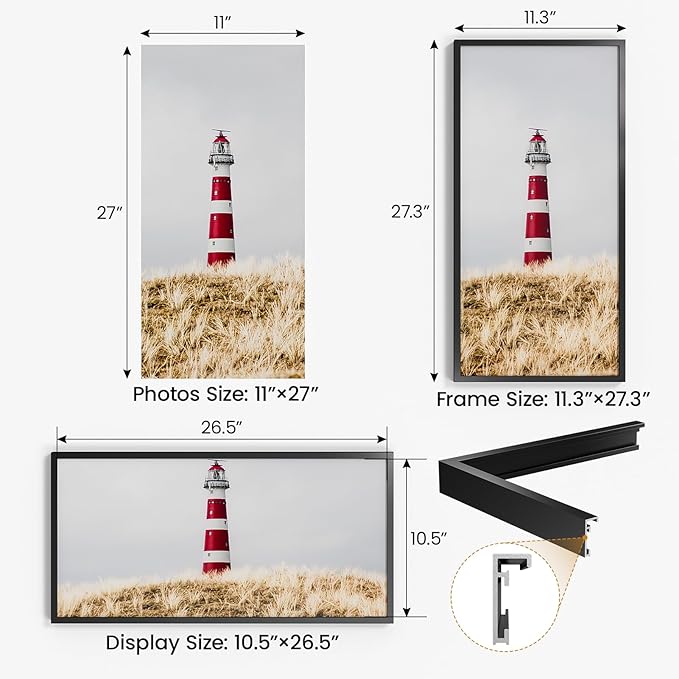 11x27 Aluminum Metal Picture Frame,Tempered Glass Black Panoramic Picture Frame 11 x 27 for Photo Poster Puzzles Artwork to Wall Mount Horizontally or Vertically